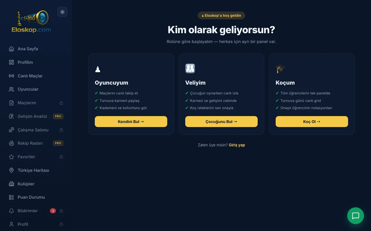 Kayıt ekranı: Oyuncuyum, Veliyim, Koçum rol seçimi