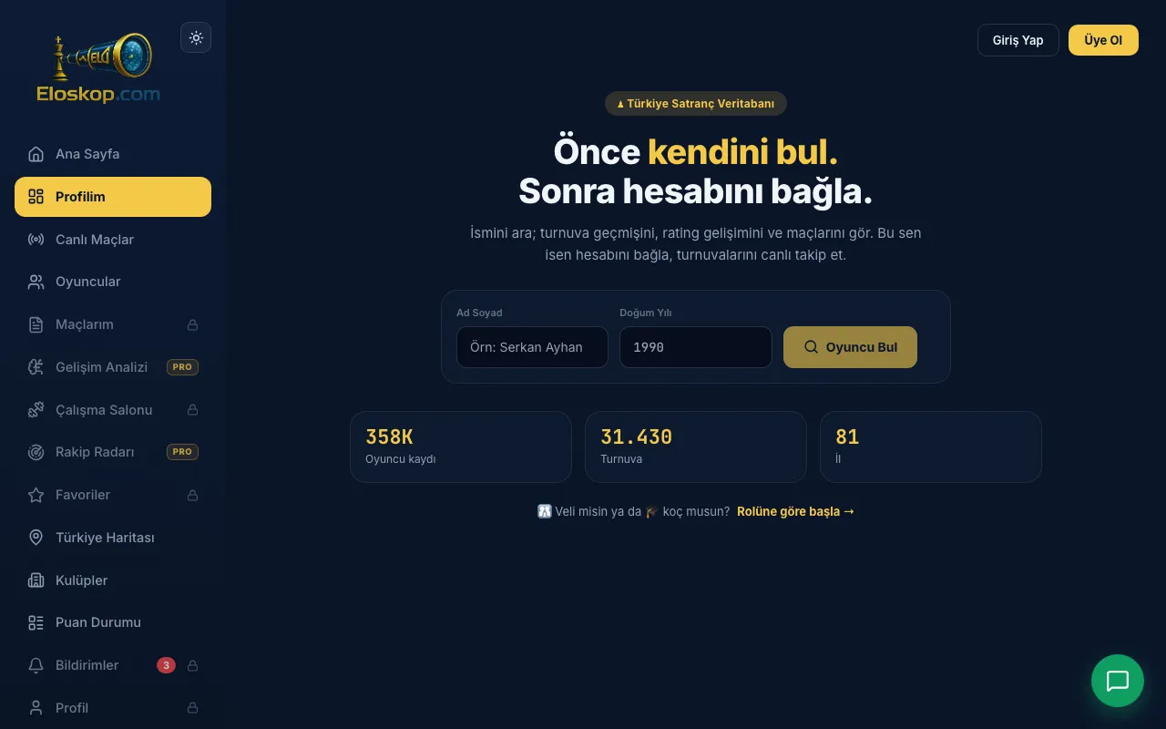 Kendini bul ekranı: ad soyad ve doğum yılı ile oyuncu arama